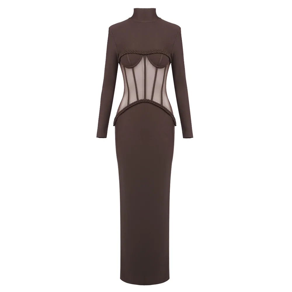 Sexy New Design See-Through Mesh Dress Corset Long Sleeve Maxi Cocktail Party Evening Dress