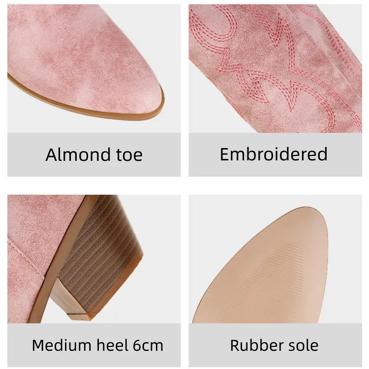 Women's Embroidered Western Cowboy Boots Knee High Stitching Almond Toe Medium Chunky Heel Pointy Toe Fashion Retro Classic Boot