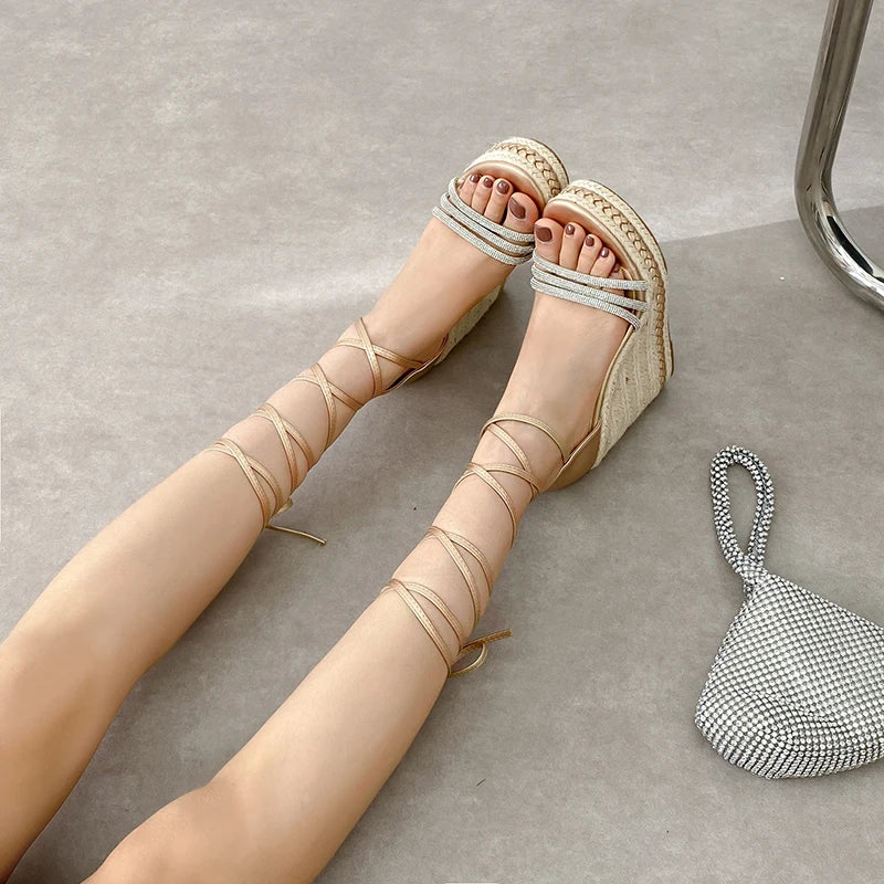 Women 2025 Sandals Open Toe Ladies Lace up Woven Shoes Platform High Heels