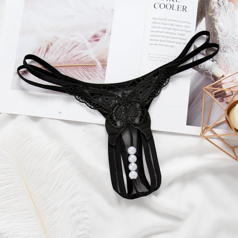 Women Embroidery Sexy Underwear Women's Transparent Temptation Pearl Massage T-Back Ultra-Thin See-through Thong