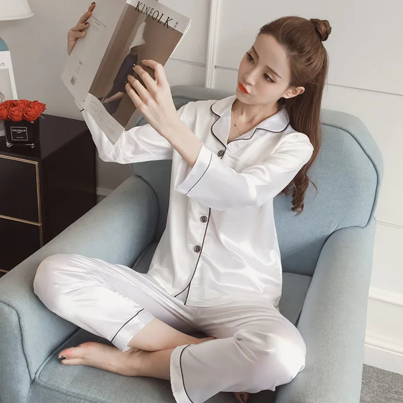 2025 Spring and Autumn New Ladies Large Size Lapel Silk Fashion Pajamas Fat Ladies Ladies Home Wear