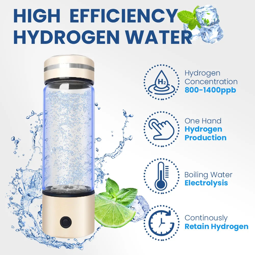 SPE PEM Platinum Coating H2 Water Ionizer 330ml Glass Hydrogen Bottle Water Molecular Hydrogen Water Bottle