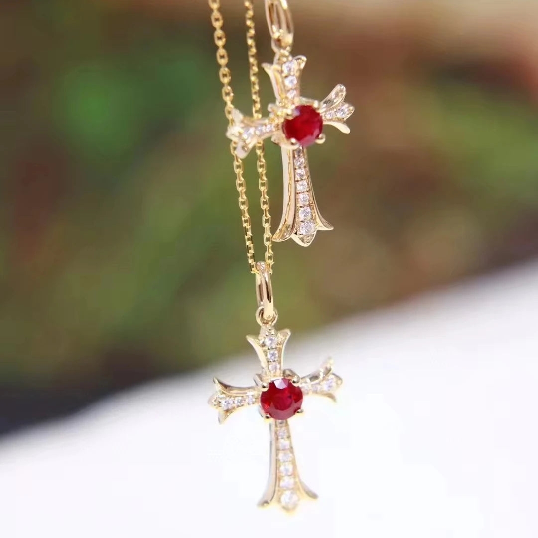 18K Gold Cross Pendant Natural Ruby Diamond Moissanite Jesus Hiphop Birthstone Necklace Pendants Charms