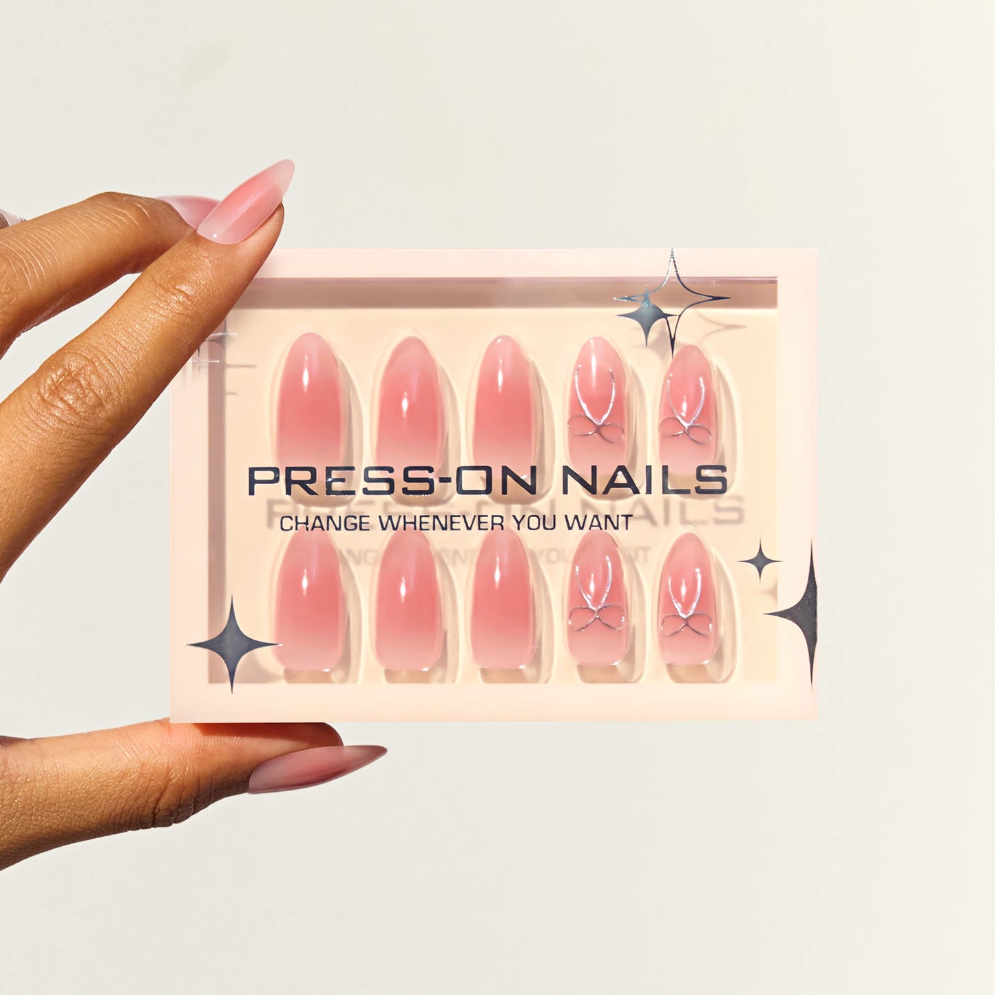 Solid color press on nails Pink nails press on Almond 3D fake nails acrylic nails beauty supply Butterfly tie nail art nail tips