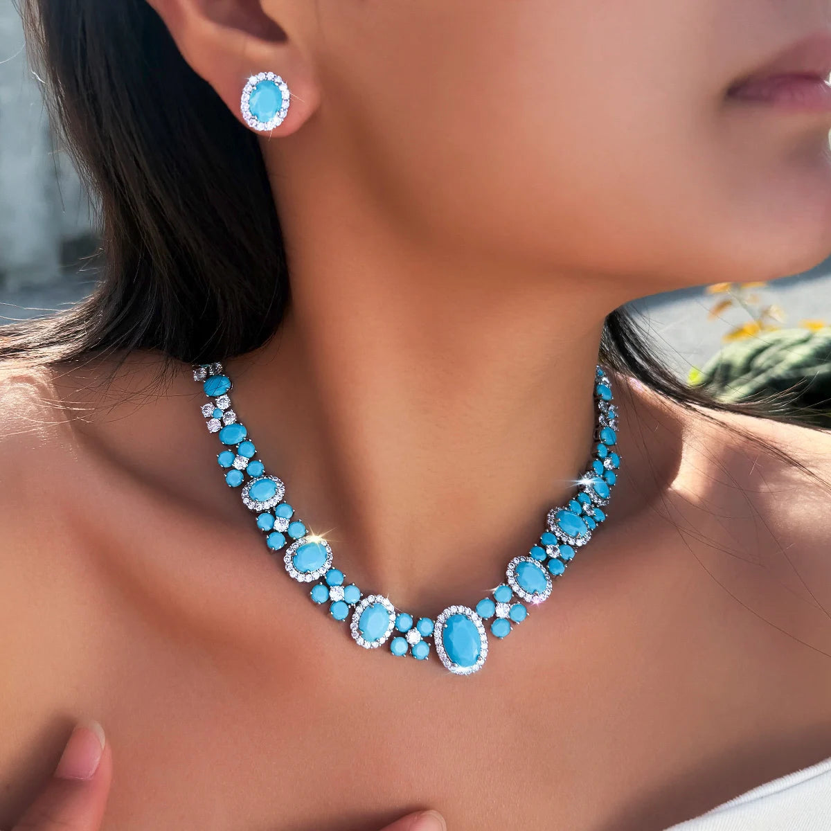 Charming Blue CZ Jewelry Set Turquoise Cubic Zirconia Oval Shaped Necklace Earrings Jewelry Set for Brides Wedding Costume Gift