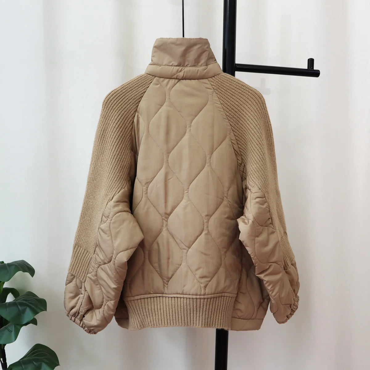 New Autumn Winter Spliced Cotton Jacket Knitted Cardigan Women's Loose Design Sweater Jacket