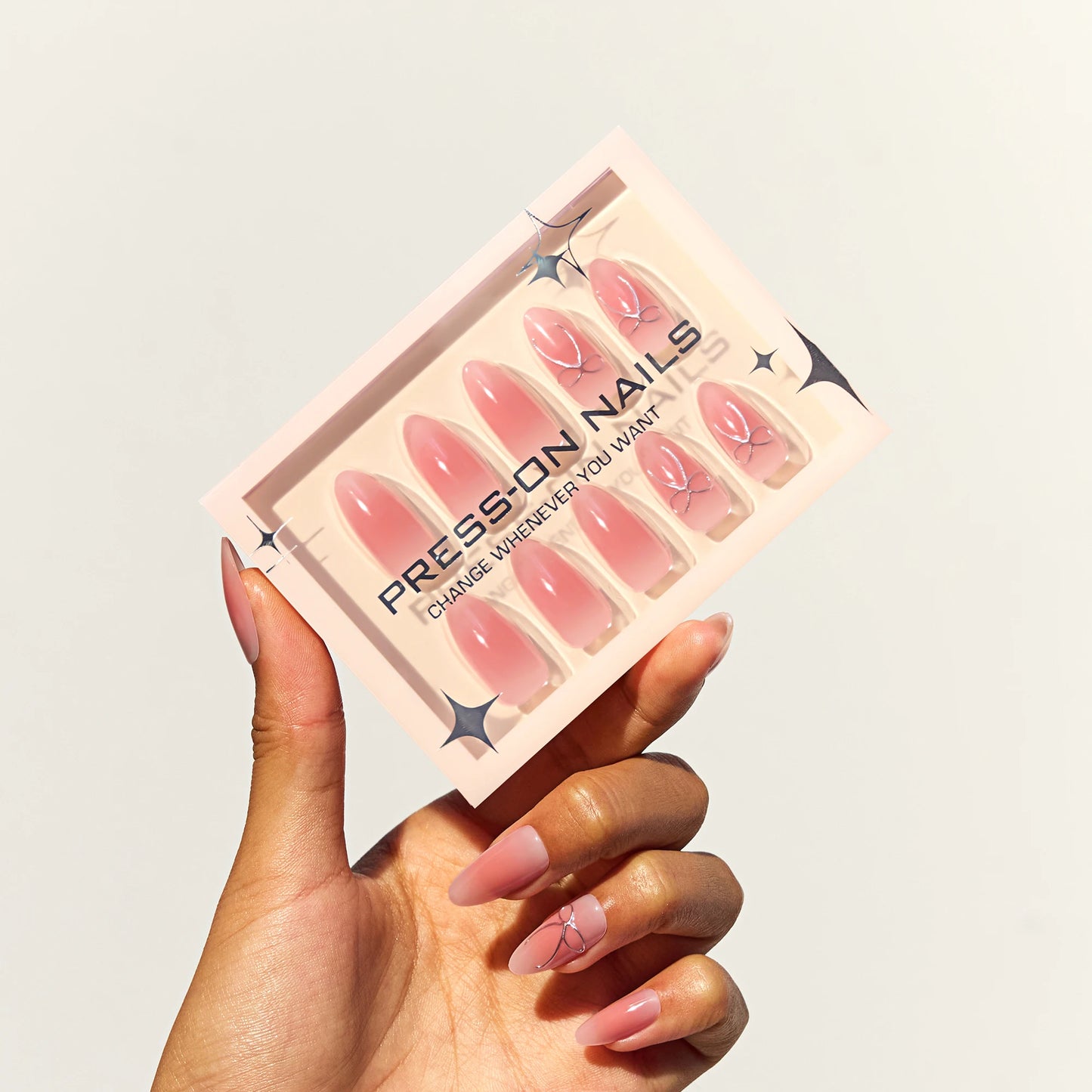 Solid color press on nails Pink nails press on Almond 3D fake nails acrylic nails beauty supply Butterfly tie nail art nail tips