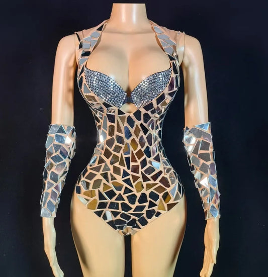 New Arrivals Sequin Club Bodysuits Silver Crystal Bra Inside Costume Hot Sexy Bodysuit for Women