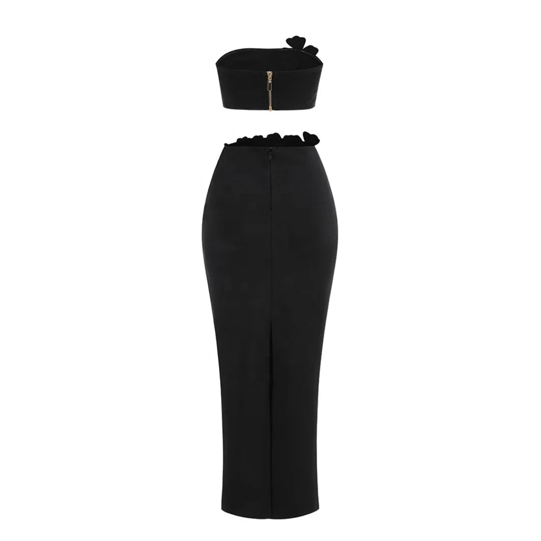 Luxury Sexy Bandage Dress 2-Piece Sets Shiny Diamonds Flower Strapless Evening Party Dresses Set for Woman