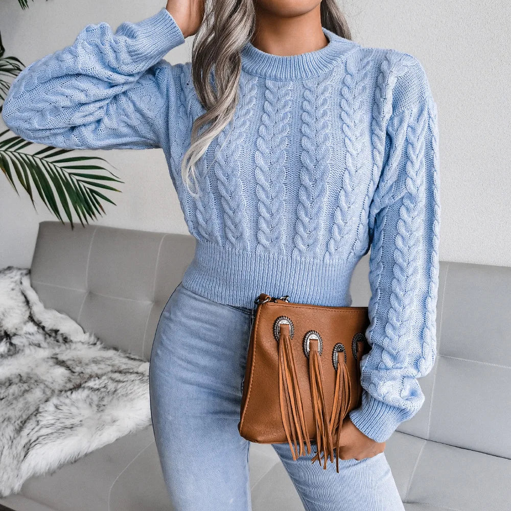 shiny Short Pullover Jumper Women Autumn and Winter New Round Neck Solid Color Knitted Sweater