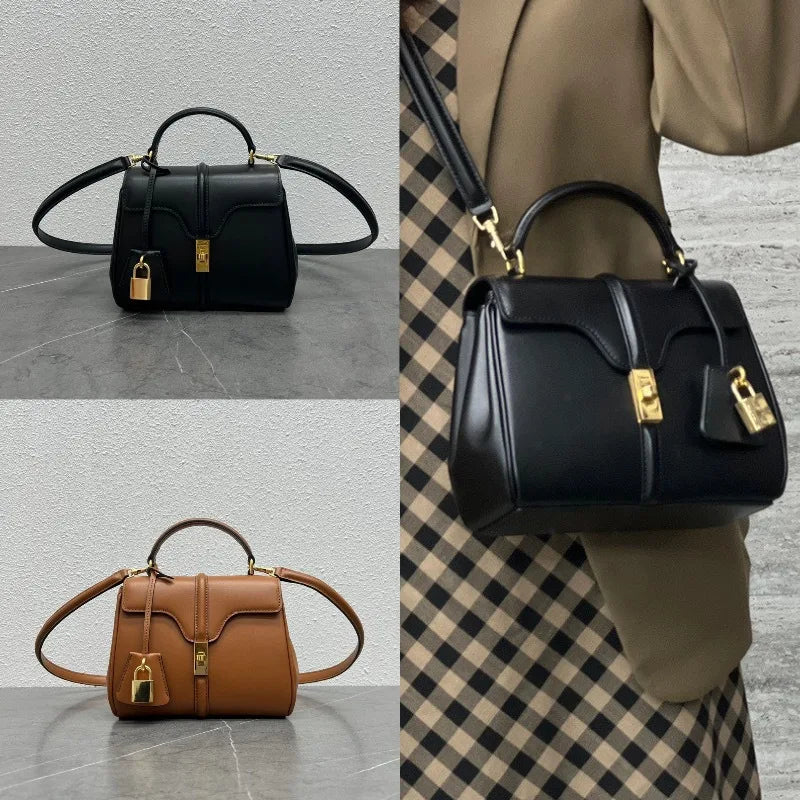 Premium Feel Women's Genuine Leather Tote Bag Vintage Dress Rock Style One Shoulder Crossbody Lock Button Handheld for Summer