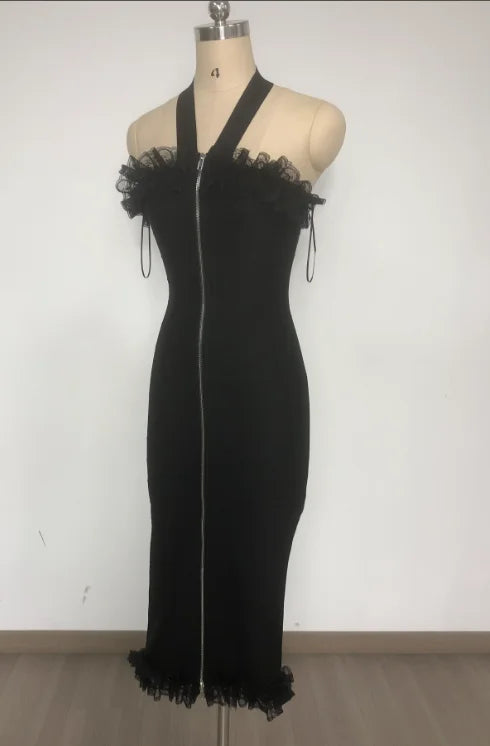 High Quality Summer Evening Sleeveless Halter Party Elegant Ruffles Bodycon Bandage Dress
