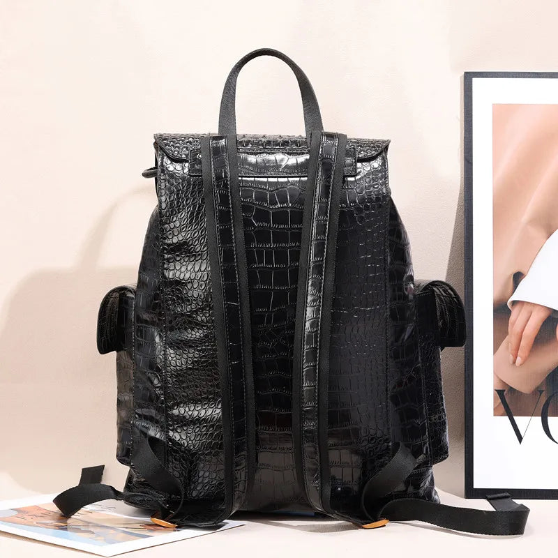 Large Capacity Crocodile Leather Unisex Backpack with Nylon Lining Zipper Closure for Male and Female Travelers and Students
