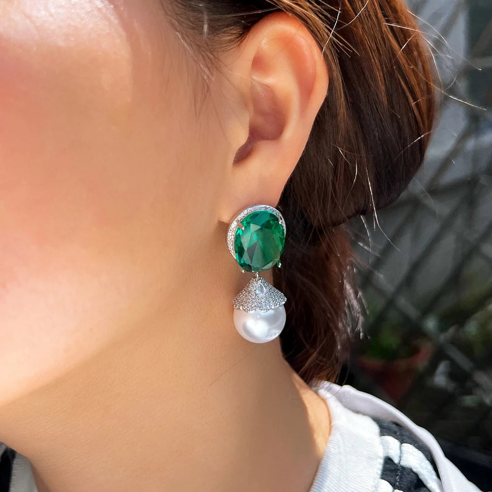 Glamorous Cubic Zircon Green Crystal Imitation Pearl Banquet Party Dangle Drop Earrings for Women Appointment Jewelry