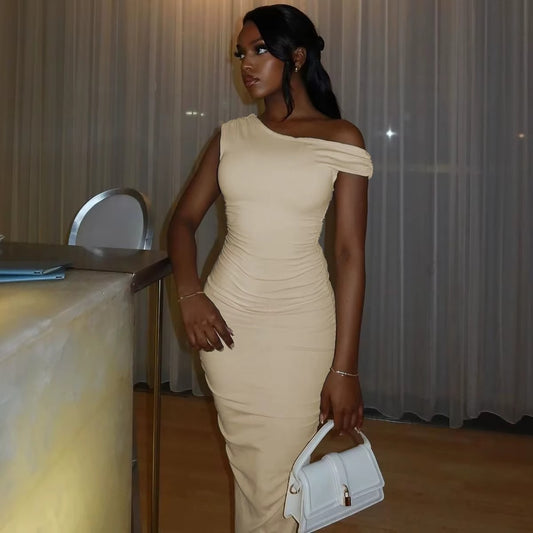 Elegant Bodycon Maxi Vestidos Women Chic Solid Skew Collar Sleeveless Pleated Long Dresses Female New Summer Party Outfits