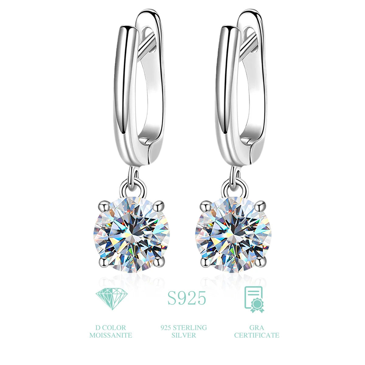 925 Sterling Silver Platinum Plated GRA  Round Brilliant Cut Lady Women Luxury Fine Jewelry Hoop Earring Moissanite