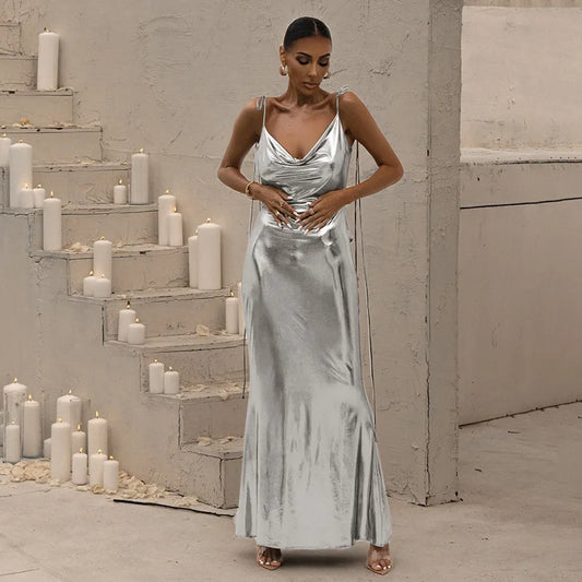 Silver Sexy Elegant Evening Dresses Women Girls Ladies Sexy Party Club Dress Fashion Slip Maxi Dresses