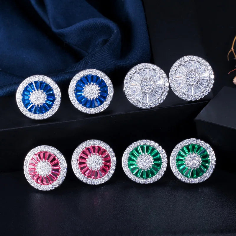 Noble Romantic Dark Blue Crystal Jewelry Luxury Round Cubic Zircon Wedding Big Stud Earrings for Women Party Gift