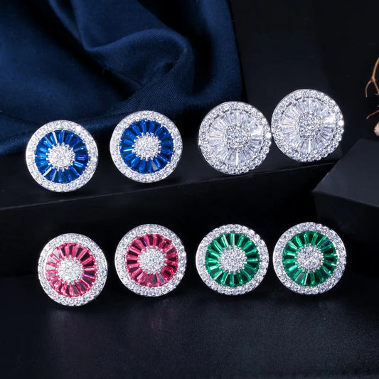 Noble Romantic Dark Blue Crystal Jewelry Luxury Round Cubic Zircon Wedding Big Stud Earrings for Women Party Gift