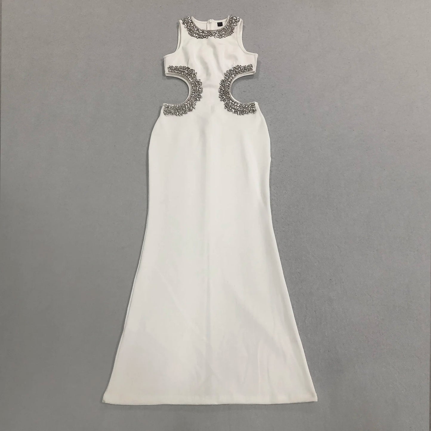 New Elegant Hollow Out Sexy White Bandage Evening Dress Sleeveless Summer Maxi Dress with High Split