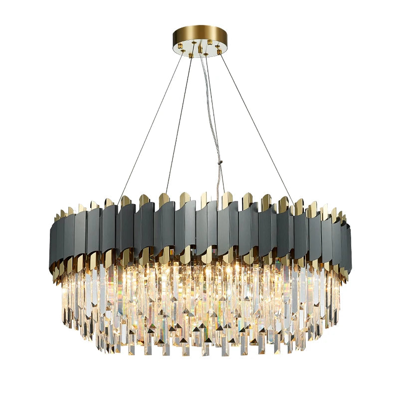 LED Art Deco Black Golden Stainless Steel Crystal Chandelier Hanging Lamp Lighting Lustre Pendant Lighting Fixture for Foyer