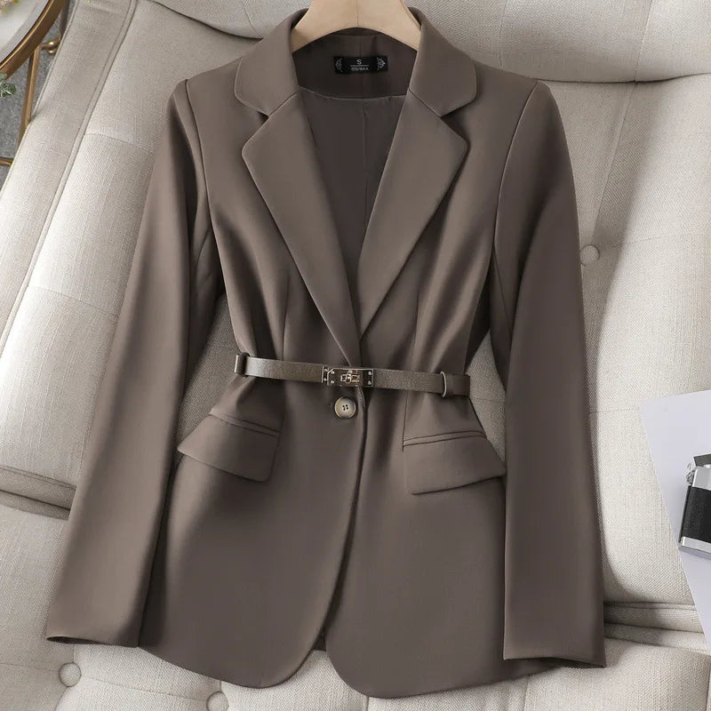 Women Lady Suit Coat Long Sleeve with Belt Office Lady Jacket Solid Color Tops Suit Lapel Lapel V-neck Elegant Coat