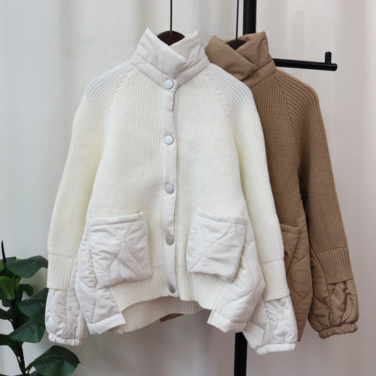 New Autumn Winter Spliced Cotton Jacket Knitted Cardigan Women's Loose Design Sweater Jacket