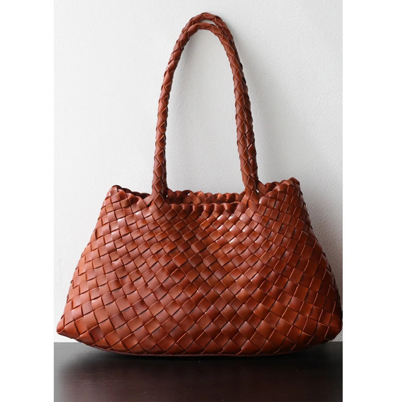 Luxury Tanned Cowhide Genuine Braided Leather Woven Shoulder Bags Large Capacity Soft Hand-woven  Women's Bags with Cotton Pouch