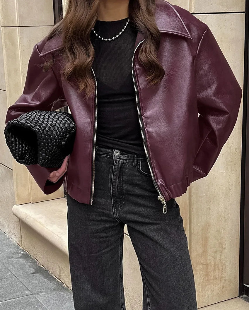 2025 Women's Spring and Autumn Vintage Motorcycle Popular Style Fashion Matte Leather  Zipper Jacket Coat