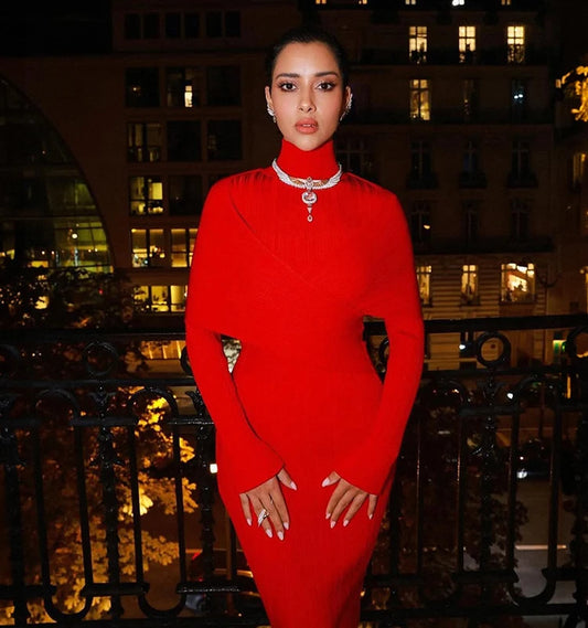 2026 Fashionable Elegant Red Bandage Dress High Neck Long Fitted Gown for Formal  Cocktail Events