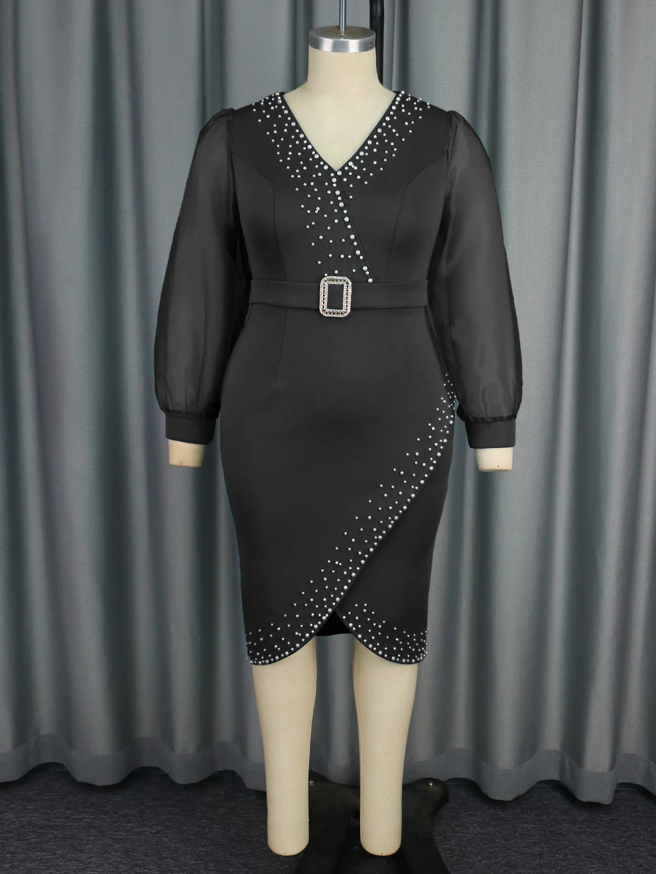 Tulle Lantern Sleeves V Neck Office Lady Beading Career Dress with Belt