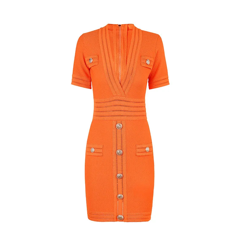 Hot Selling  Quality Short Sleeve V-neck Slim Knitting Casual Sheath Mini Dress Women