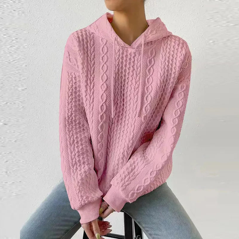 2025 Women Ladies Autumn Plus Size Casual Solid Color Embroidery Sweater Knit Hooded Lace-up Long Sleeve Hoodies