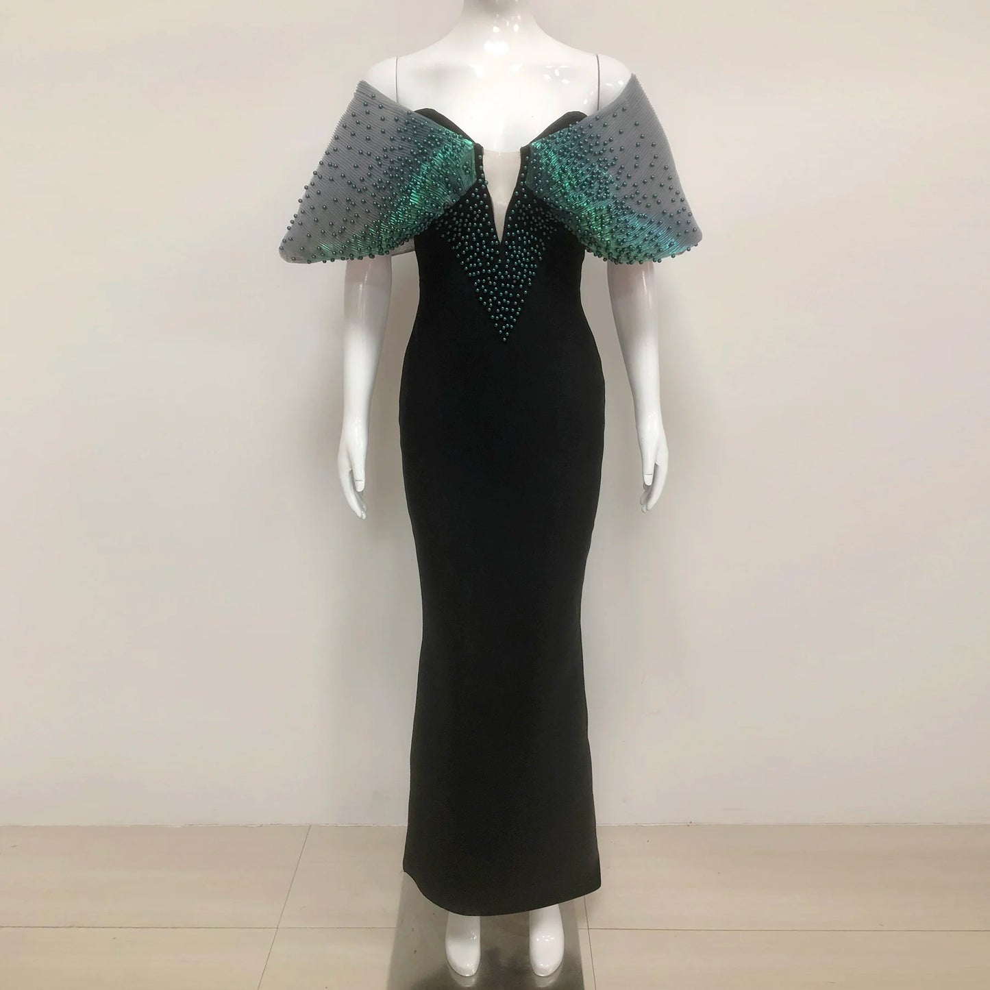 Fashion Dress   High End Party Wear Gown Black Off Shoulder Orange Beaded Bodycon Maxi Evening Dresses