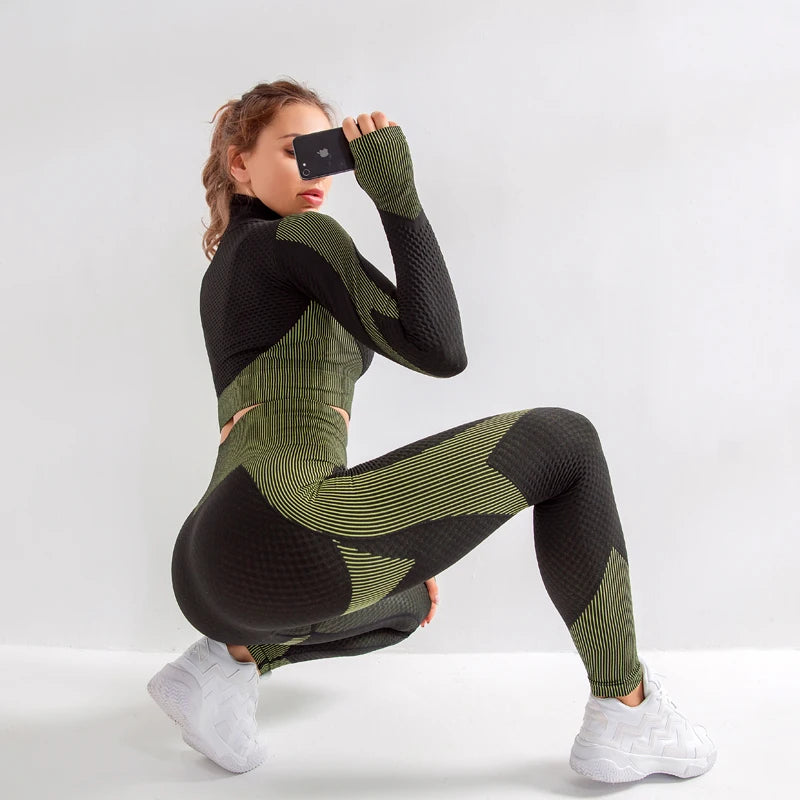 Seamless Yoga Sets Women Fitness Gym Clothing Long Sleeve Shirts High Waist Running Leggings Workout Pants Sports Suits