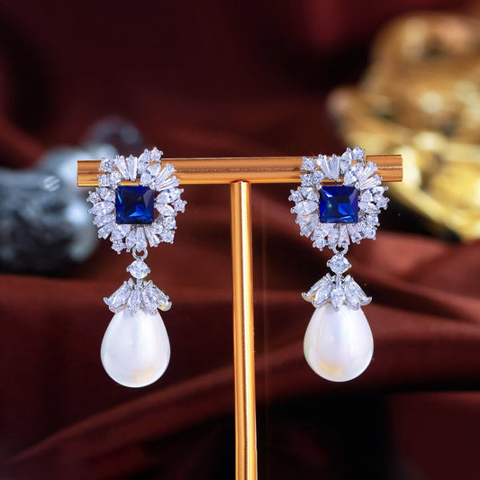 Vintage Luxury White and Royal Blue Cubic Zirconia Brides Big Simulated Pearl Dangle Drop Earring for Women Wedding Party
