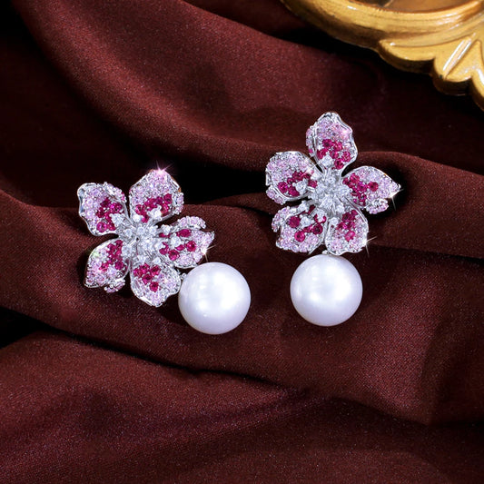 Delicate Shiny Pink Red Cubic Zirconia Big Simulated Pearl Long Flower Dangle Drop Earrings for Women Bridal Party Jewelry