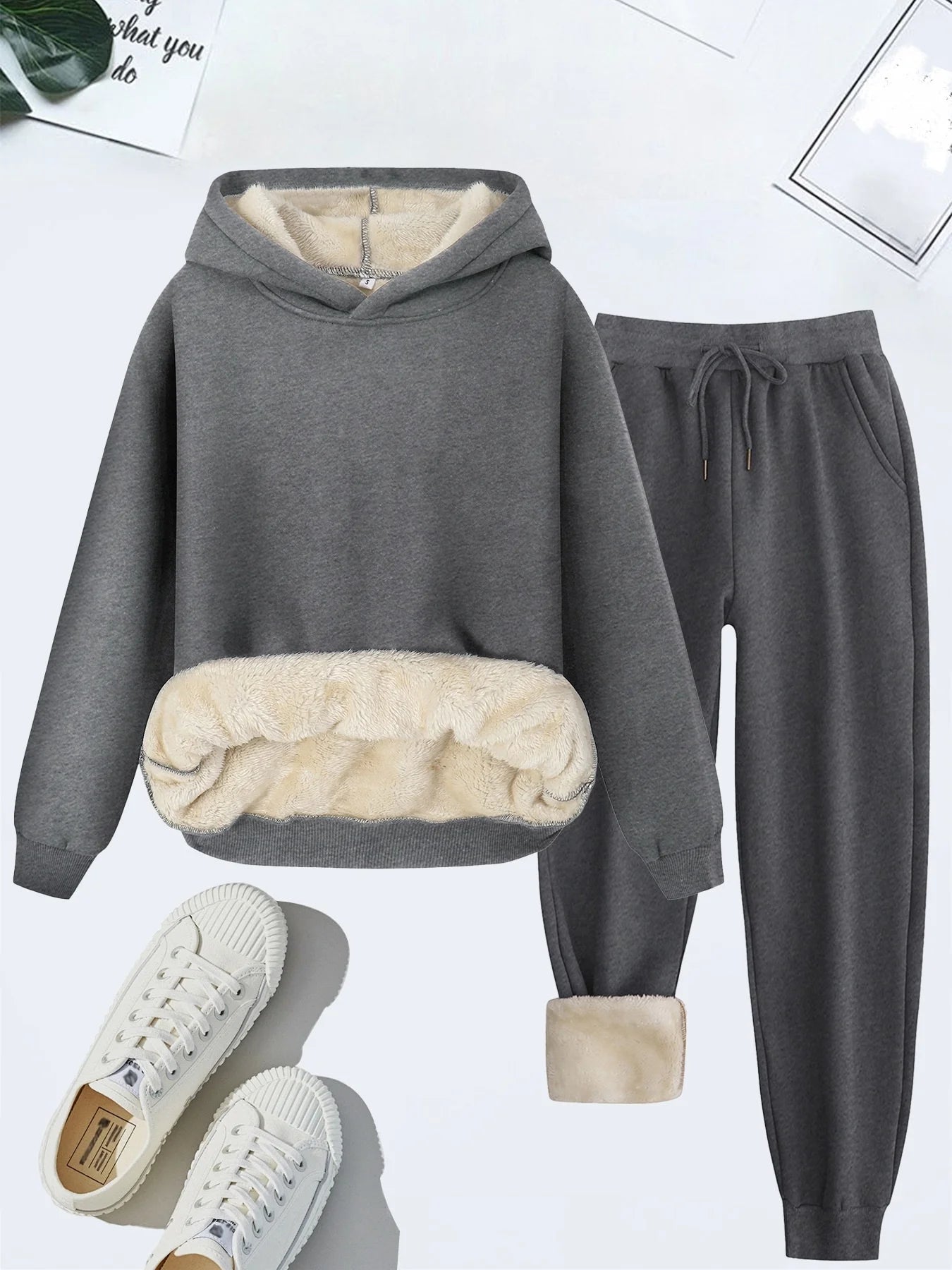 Women's  Set Winter Warm Hoodie Hooded Hoodie with Thick Fleece Hooded Cover Head Top