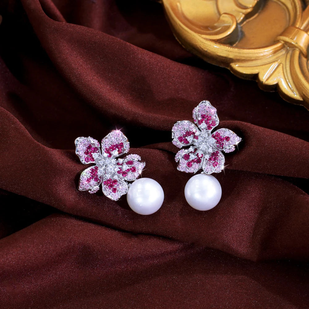 Delicate Shiny Pink Red Cubic Zirconia Big Simulated Pearl Long Flower Dangle Drop Earrings for Women Bridal Party Jewelry
