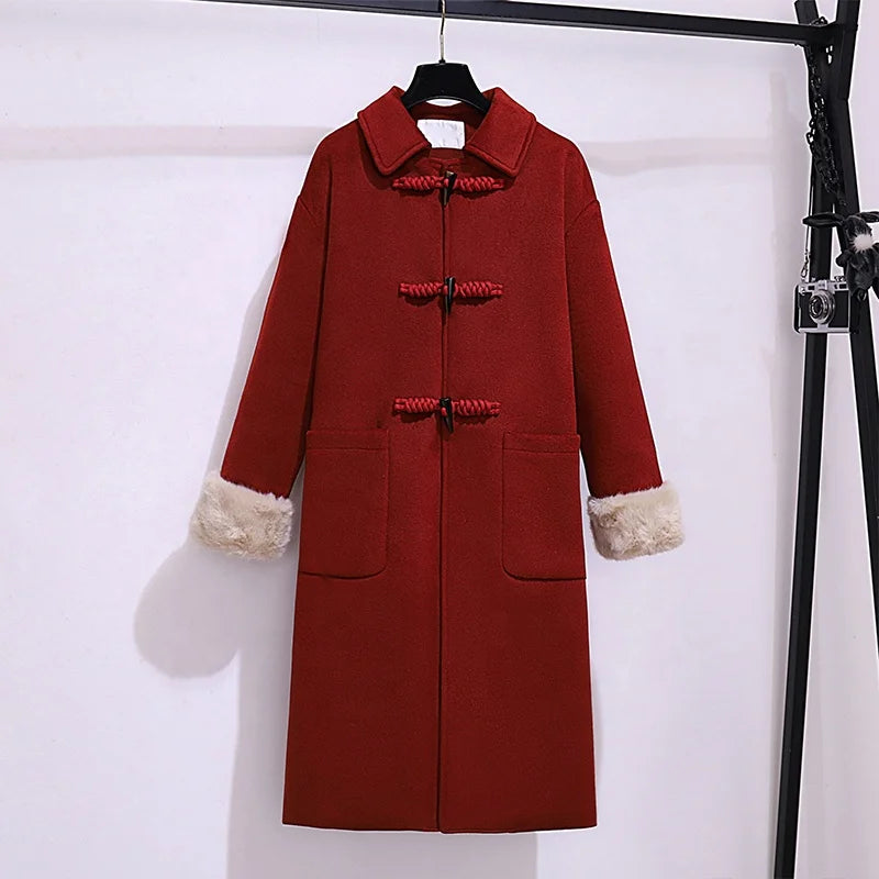 Fluffy Collar Cow Horn Button Woolen Coatwinter New Loose Korean Long  Coat for Women