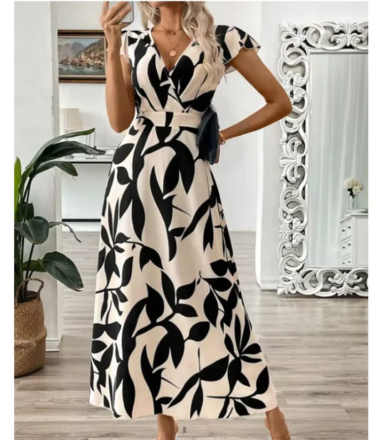 2025 New Fashion Women's Summer Dress Deep V-Neck Sexy Slim High Waist Short Sleeve Printed Maxi Dress