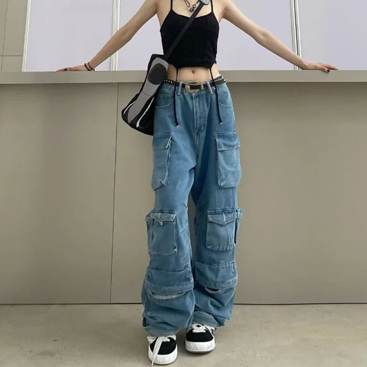 Girls  Loose Overall Denim Jeans Big Pockets Hip-hop Streetwear Zipper Button Trousers Long Pants Fashion Casual Jeans