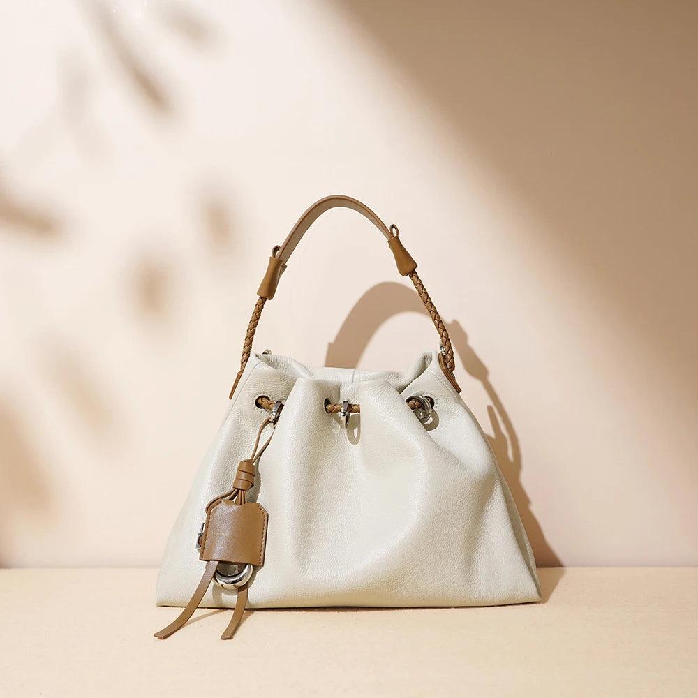 New High Quality Leather Drawstring Women's Purse Handbags Luxury Genuine Cowhide Leather Shoulder Crossbody Bags for Women