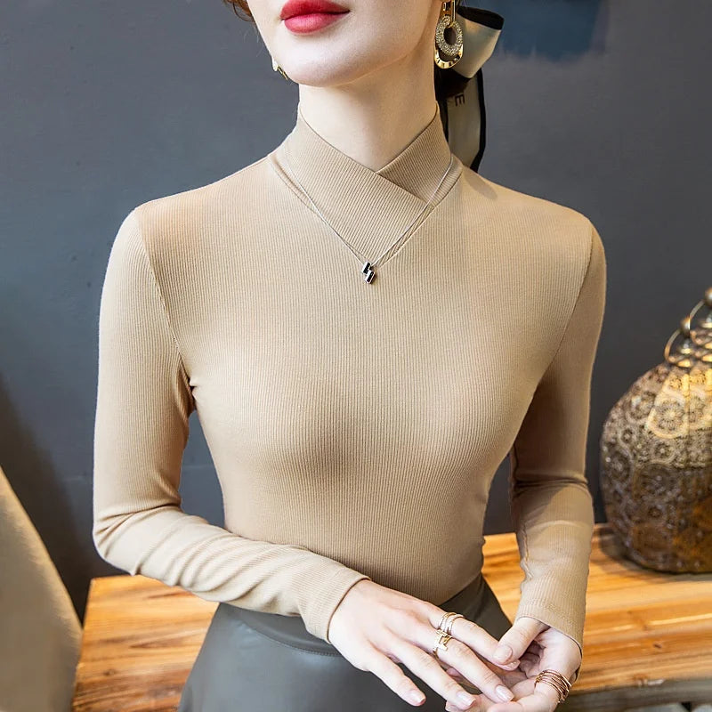 Women's High Neck Long Sleeve Sweet Elegant Thick Basic Tops