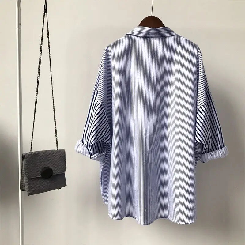 2025  Women Ladies Patchwork Striped Shirts Spring /Autumn Midi Length Loose Women's Casual Shirt and Blouse