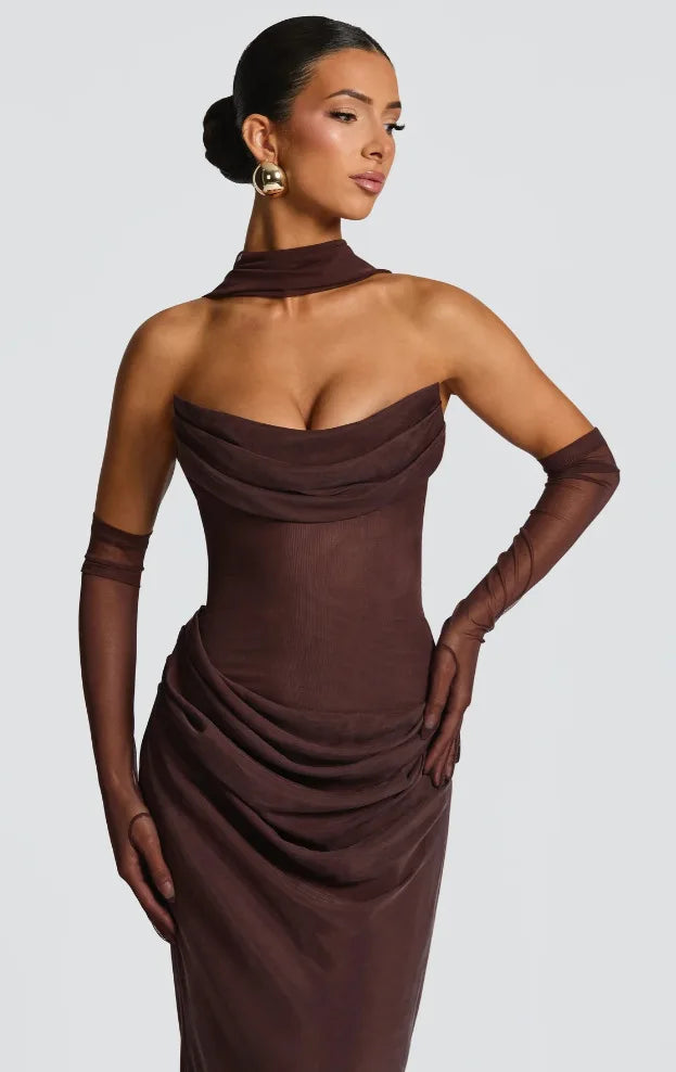 Off-shoulder Backless Sexy Maxi Dress Women Gown Elegant Scarf Collar Strapless Sleeveless Bodycon Club Party Dresses