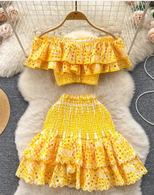 2025 Spring Summer New Lace Two Pieces Sets Off-Shoulder Crop Top + Flounce Hem Skirt Co-ord Set