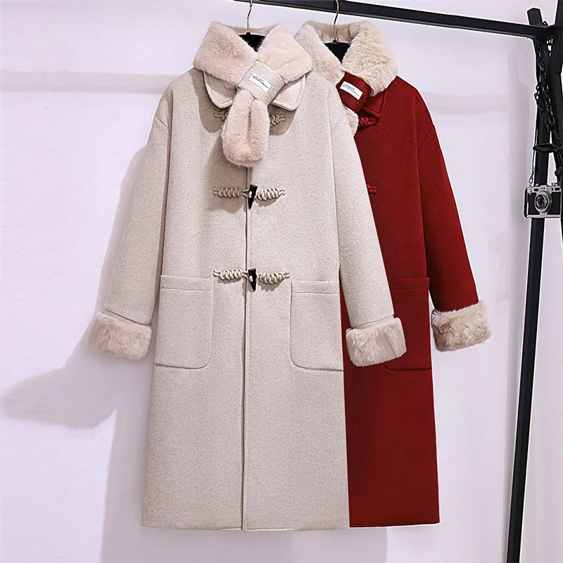 Fluffy Collar Cow Horn Button Woolen Coatwinter New Loose Korean Long  Coat for Women