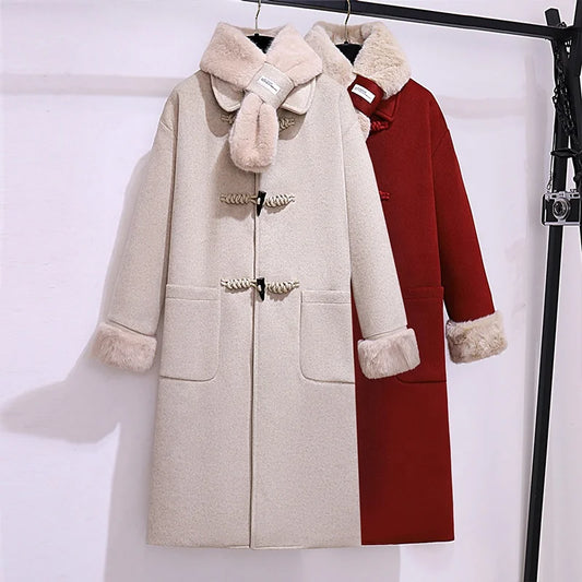 Fluffy Collar Cow Horn Button Woolen Coatwinter New Loose Korean Long  Coat for Women