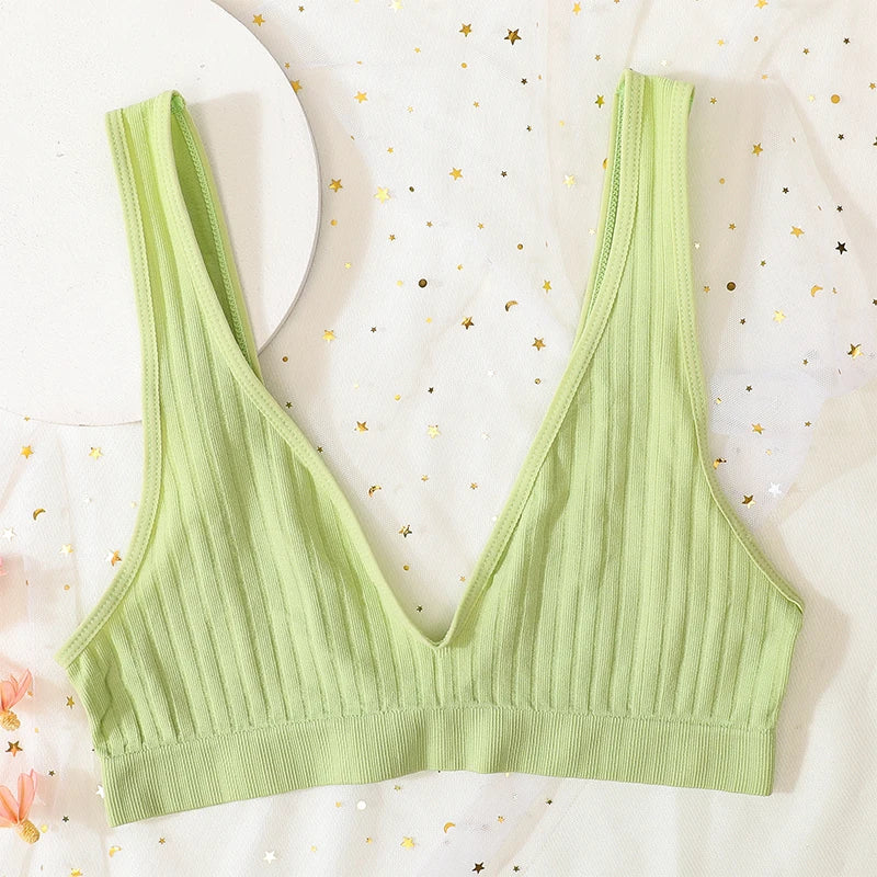 V-neck Push Up Bras For Women Seamless Bra Sexy Lingerie Female Low Back Ribbed Bralette Sleep Underwear Unlined Bra Crop Tops